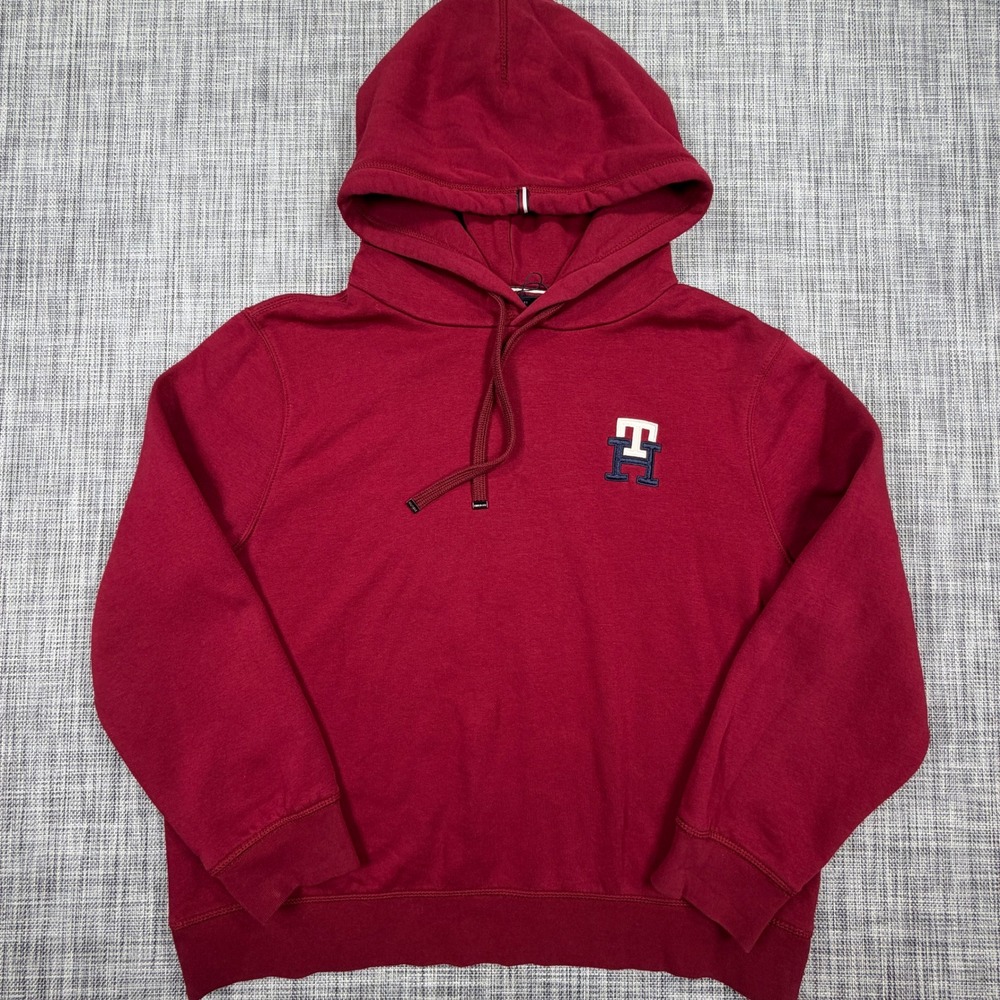 Tommy Hilfiger Womens Hoodie L Red TH Embroidered Logo Cotton Blend Pullover